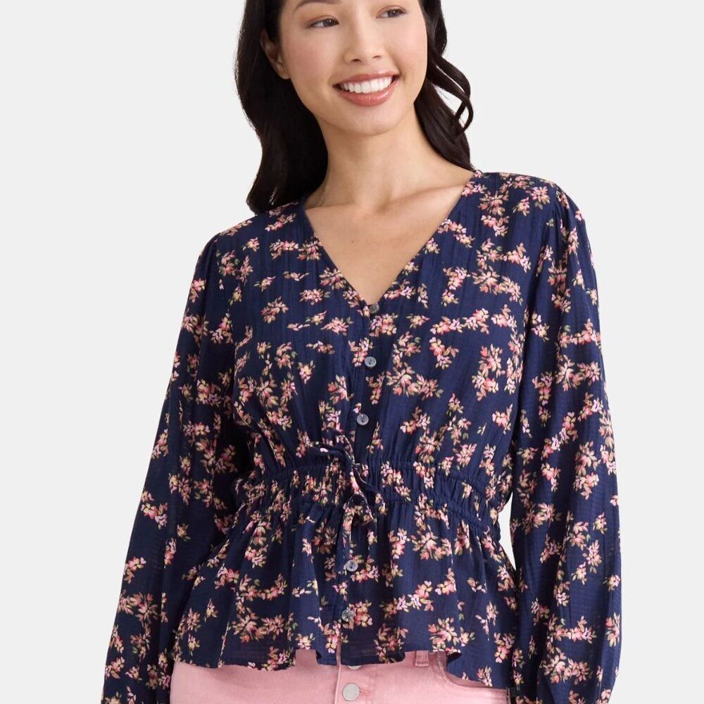 Time and Tru Women's Floral Print Tie Waist Blouse Ditsy Trails Dark Navy 2X